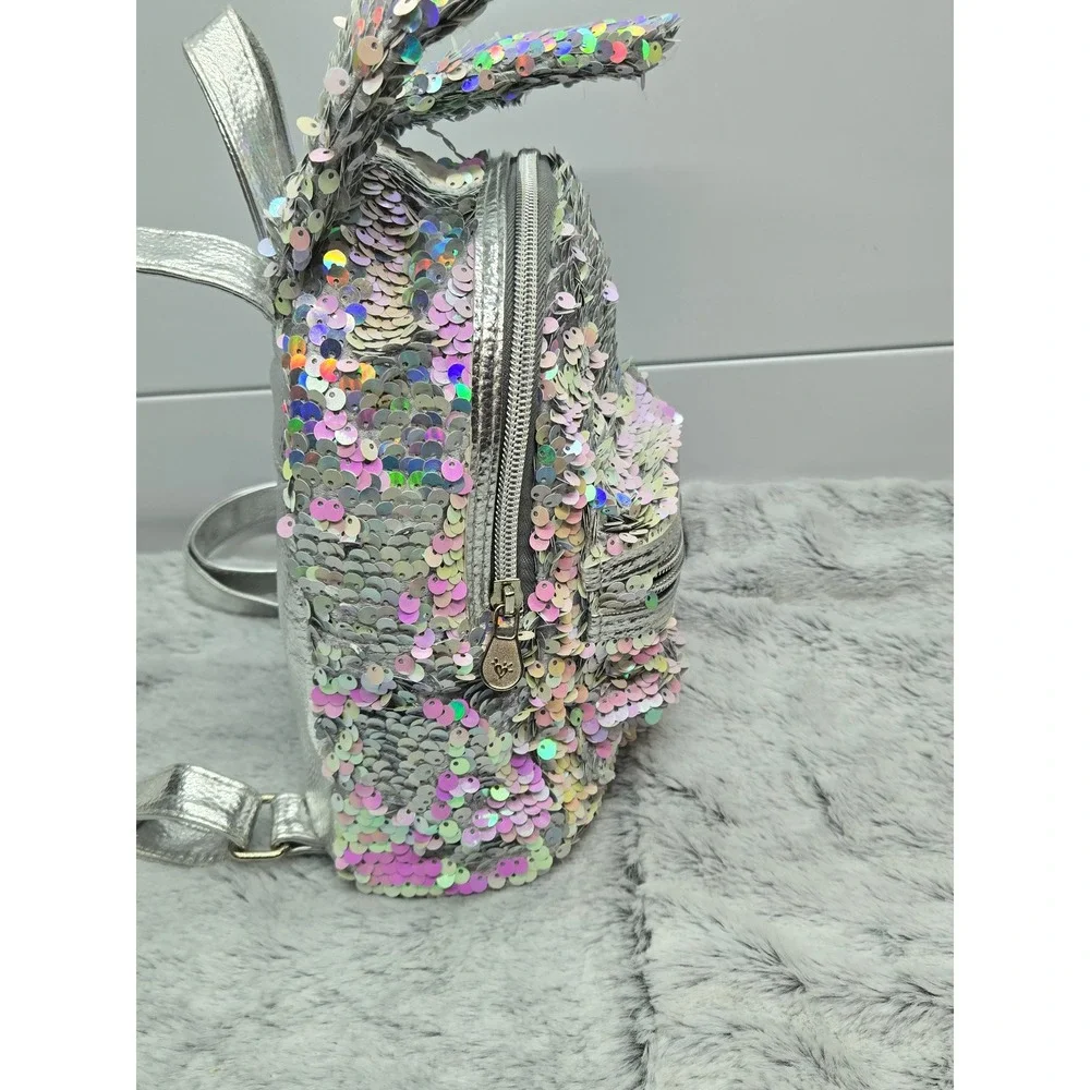 Justice Girls Sequin Bunny Ears‎ Mini Backpack Silver Rainbow Sparkle